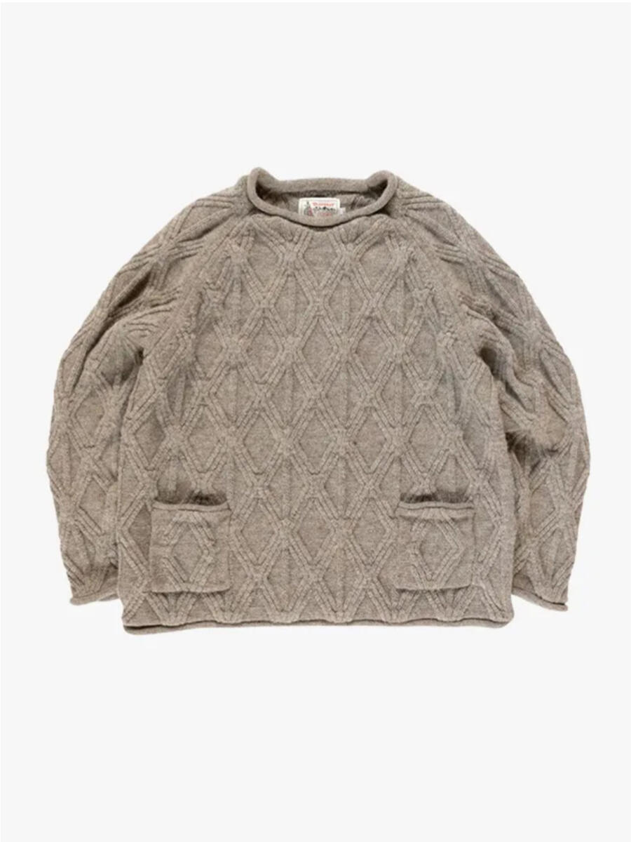 A product picture of a chunky wool jumper in a vaguely oatmeal / mushroom colour.