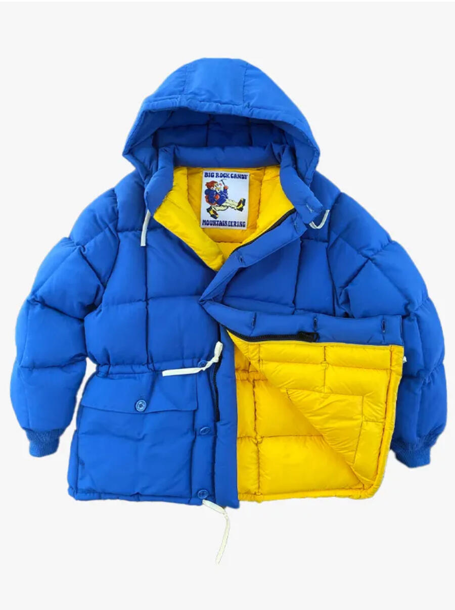 A product photo of a bright blue puffy parka.