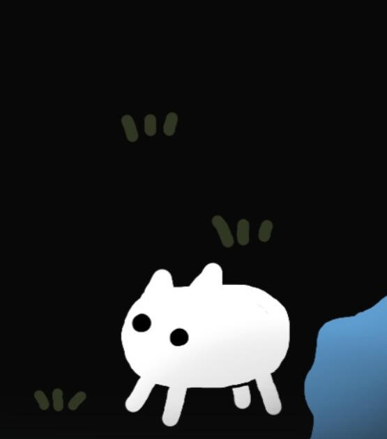 A cute little white blob character that has two upright cat-like ears, two black dots for eyes, and four legs.