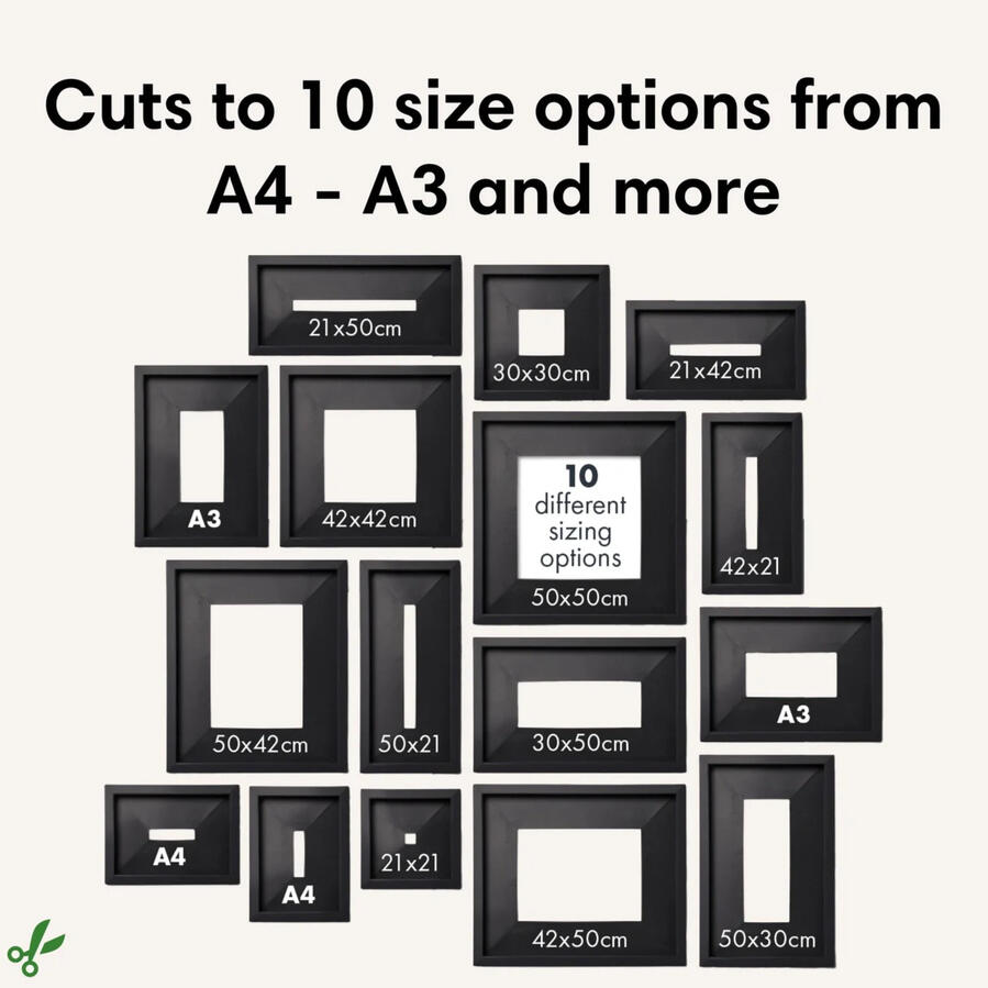 A collage of black photo frames, all of differing sizes and orientations. Text at the top reads "Cuts to 10 size options from A4 - A3 and more".