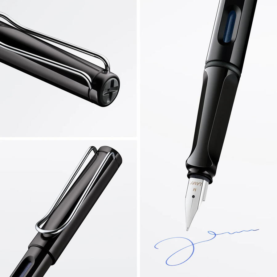Three different views of the LAMY safari fountain pen in a glossy black with silver detailing. The pen is shown both open and closed.