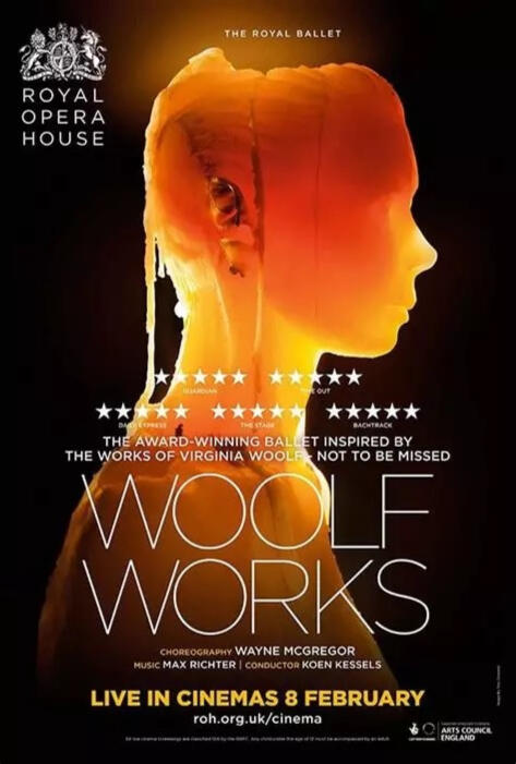 A poster for Woolf Works by the Royal Ballet at the Royal Opera House. Several five-star ratings are displayed. The image depicted is a head and upper torso made out of candle wax, melting away as it is illuminated in a soft yellow and orange glow, all aga