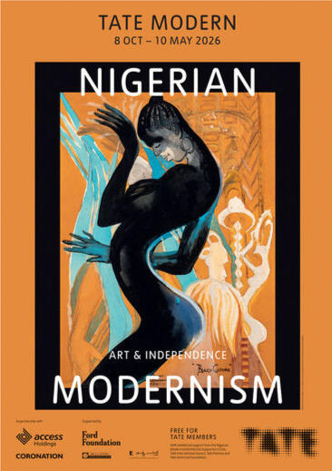 An exhibition poster for Nigerian Modernism at the Tate Modern. It depicts a striking black feminine figure painted against a contrasting warm orange background.