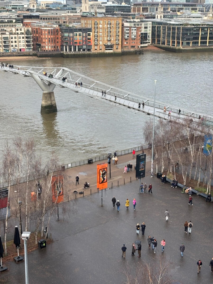 A photo looking downward onto the River Thames in London. The Millennium Bridge is visible, with a smattering of tiny people wandering about their day. It's cold and wet and grey.