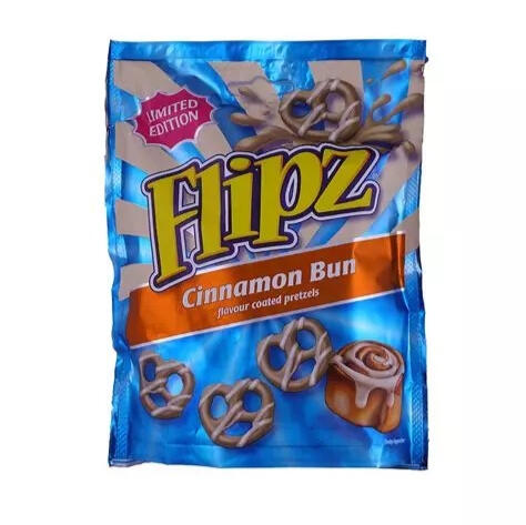 A packet of coated pretzels. The brand is Flipz and the flavour is limited edition cinnamon bun.