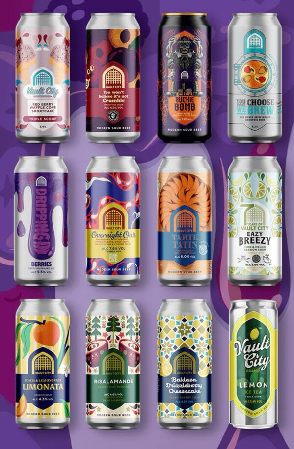 A 4x3 array of beer cans on a psychedelic purple background.
