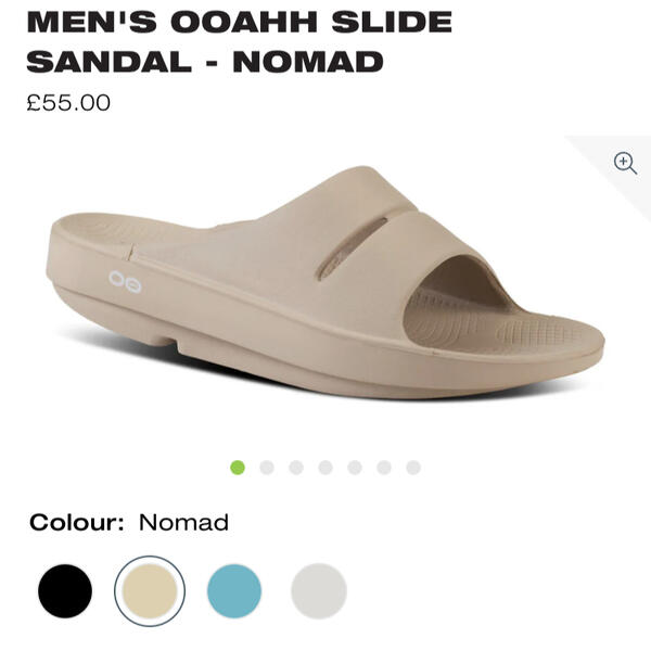 A screenshot of a website showing picture of foam slides footwear. The title is "Mens' Ooahh Slide Sandal - Nomad", with a price of £55.
