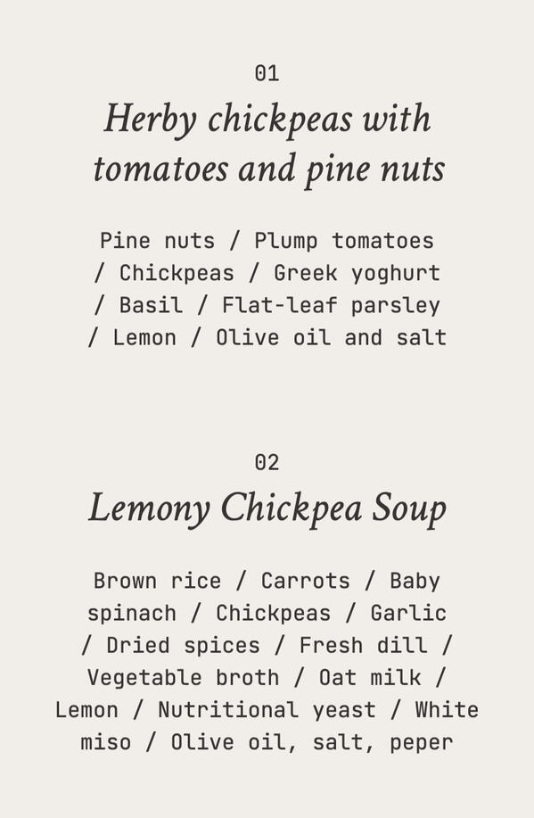 A screenshot of a website listing recipes such as "Herby chickpeas with tomatoes and pine nuts" and "Lemony chickpea soup".
